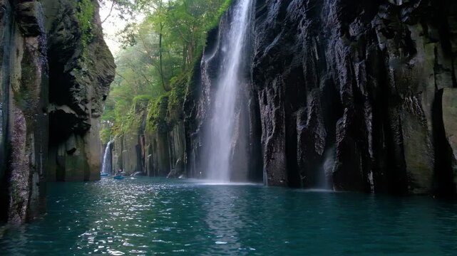 Takachiho Gorge in Takachiho, Miyazaki, Kyushu, Japan, Waterfall flowing into river in lush forest canyon landscape
