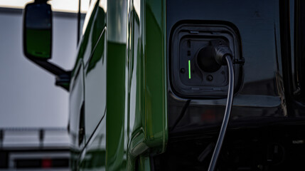Electric vehicle charging port on green truck plugged into power cable