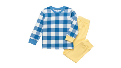 Isolated pajamas set, plaid blue shirt and yellow bottoms, children’s sleepwear, clothing item