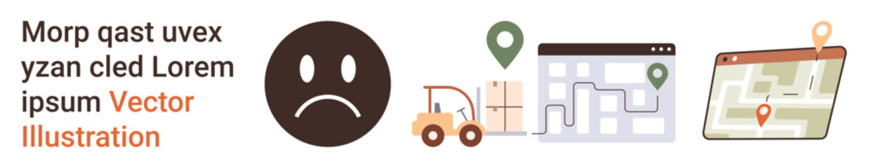 Navigation tools, logistics management, route planning, emotions, transportation, map icons. Sad face, pin markers map routes truck interfaces. Navigation tools and logistics concept