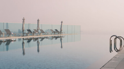 Tranquil infinity pool with calm water reflections at sunrise