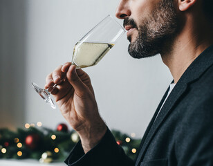 Close-up of woman drinking champagne with festive bokeh lights