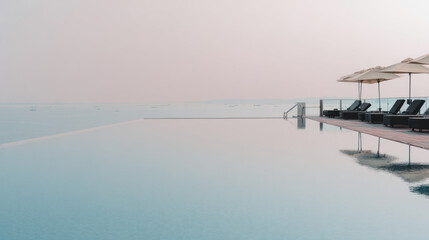 Serene infinity pool with pier and umbrellas reflecting in calm water at sunrise