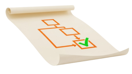 Isolated flow chart diagram on beige paper, scroll, process, approval, task and green checkmark