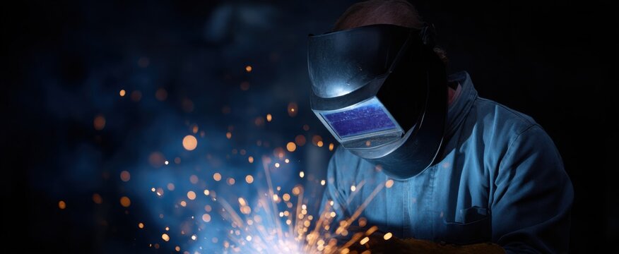 The focused worker expertly welds metal creating dazzling sparks that illuminate the scene.