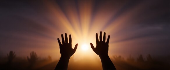 Hands reaching upward embracing the dawns gentle glow with hopeful yearning