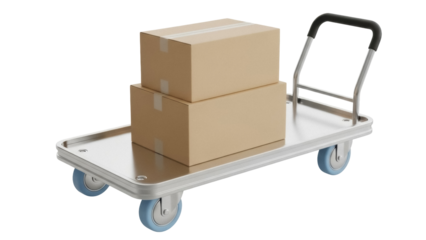 Isolated Stacked Boxes on Platform Cart Ready for Shipping Delivery Product Load Transport