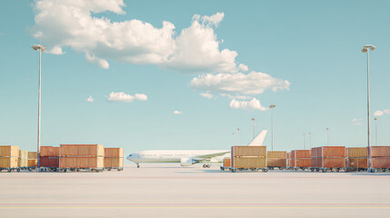 Airport tarmac with cargo containers and airplane under blue sky and clouds