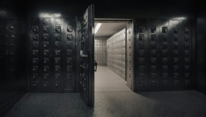Inside a secure vault with many safe deposit boxes and an open door.