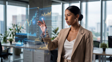 Female professional analyzing market performance through interactive financial charts