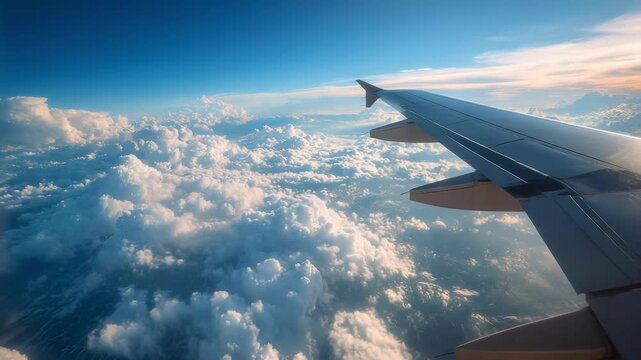 View from an airplane window: a jet wing extending over fluffy clouds under a blue sky.