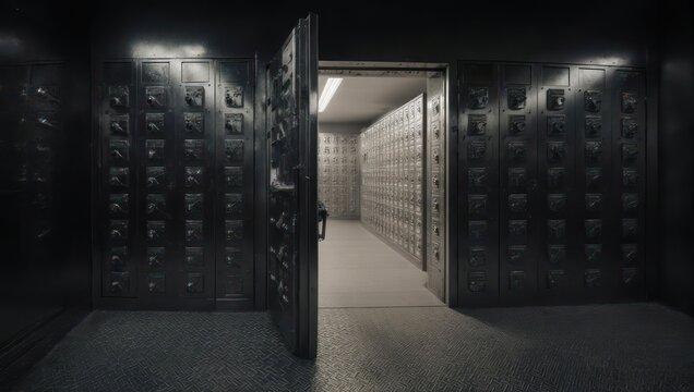 Inside a secure vault with many safe deposit boxes and an open door.