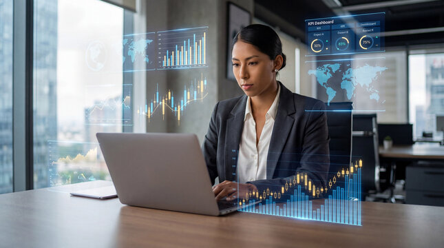 Woman working with digital KPI dashboards on laptop in modern office