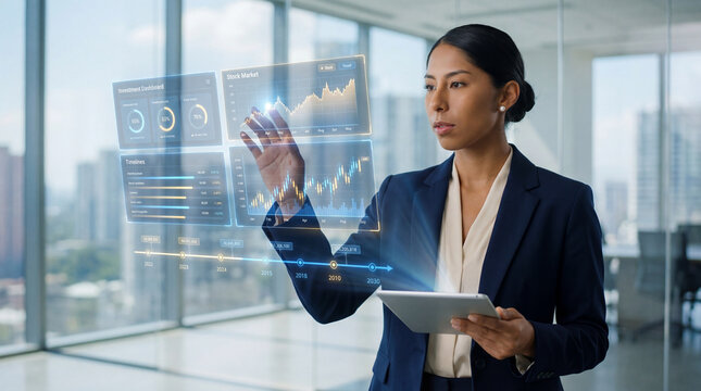 Woman reviewing investment data on a transparent financial dashboard