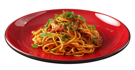 spicy noodle dish served on a glossy red plate with bold colors and dynamic appetizing presentation
