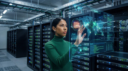 Woman configuring firewall systems data center