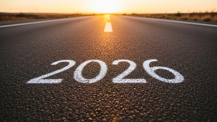 The number 2026 painted on an asphalt road leading towards a sunrise