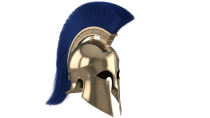 Isolated Spartan Helmet in Bronze with a Blue Plume antique armor, soldier protection