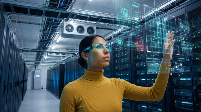 Cybersecurity specialist interacting with encrypted data interface in server room - Powered by Adobe