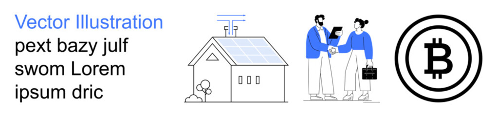 Obraz premium Renewable energy, cryptocurrency transactions, eco-friendly solutions, blockchain, business partnerships, digital currency trends. A smart home paired with a handshake and Bitcoin logo. Renewable