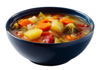vegetable soup in a deep dark blue bowl with colorful ingredients and rich warm detailed presentation