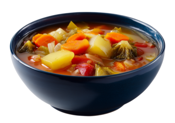 vegetable soup in a deep dark blue bowl with colorful ingredients and rich warm detailed presentation