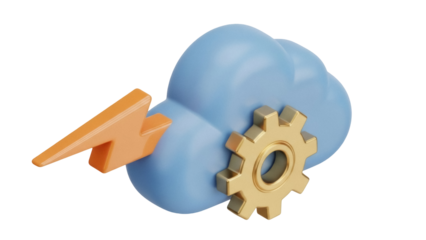 Isolated 3D cloud computing concept featuring lightning bolt and cogwheel, data processing, technology
