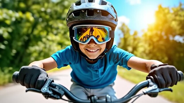 A young boy wearing a helmet and goggles riding a bike
