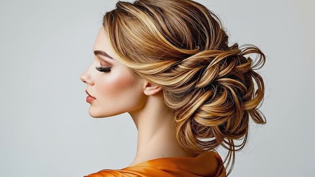 A woman with blonde hair in a messy updo with a braid in her hair