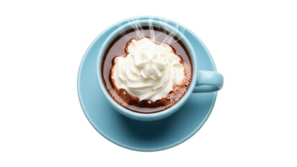 Isolated hot chocolate beverage topped with whipped cream in blue mug, top view