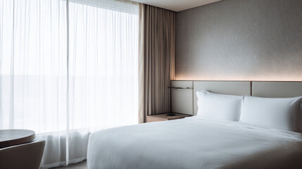 Contemporary hotel  bedroom with large window and minimalist decor
