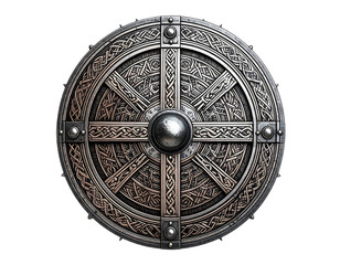 Metallic round shield with Celtic knotwork design and central boss