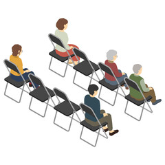 アイソメトリックイラスト：パイプ椅子に座る人(後ろ)