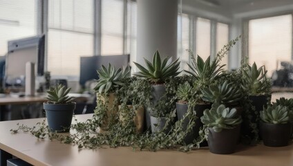 Lush Green Plants Adorning a Modern Office Desk with Natural Light.