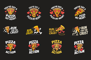 Pizza slice characters running boxing and with hearts and text Keywords: pizza, slice, character