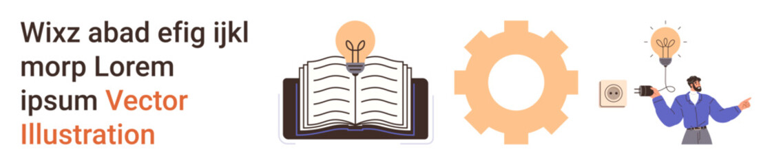 Education, brainstorming, innovation, knowledge sharing, creativity, productivity. Open book with a lightbulb, gear symbol person holding lightbulb ideas. Education and brainstorming concepts