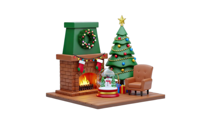 Christmas Scene with Fireplace, Tree, and Snow Globe Decoration