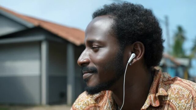 A smiling man in a patterned shirt with earphones, standing on a sunny tropical street with colorful houses in the background.