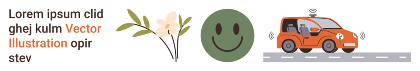 Future technology, sustainable lifestyle, self-driving vehicles, eco-conscious design, environmental harmony, transportation innovation. Autonomous car on a road, plant and happy face. Future