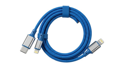 Isolated blue USB data cable for charging or transferring data is rolled into a circle