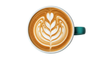 Isolated cappuccino art, frothy heart shape on crema with coffee cup, delicious, yummy, tasty