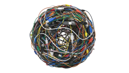 Tangled Ball of Electronic Cables with Many Connectors