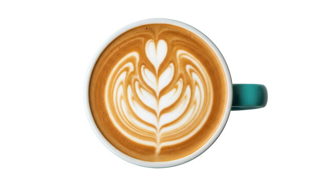 Isolated cappuccino art, frothy heart shape on crema with coffee cup, delicious, yummy, tasty