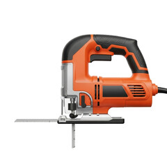 Fototapeta premium Orange Power Tool Cutting Wood on Black Background