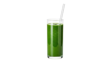 Isolated green smoothie in glass with straw. Fresh healthy vegetarian drink, juice