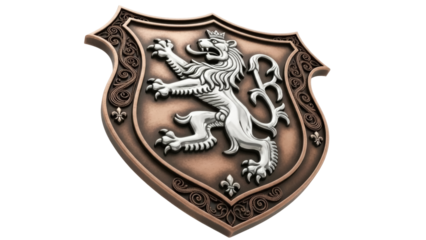 Isolated, heraldic escutcheon with a lion rampant, royal emblem representing strength, leadership