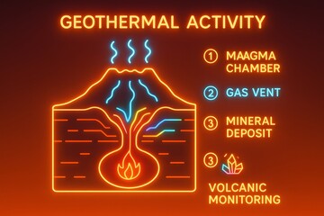 Fototapeta premium Geothermal Activity Volcano Monitoring Infographic with Magma Chamber and Gas Release