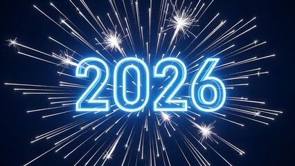 Glowing blue year 2026 numbers with white sparklers against a dark blue night sky