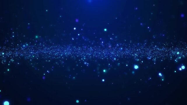 Tiny glowing particles drifting in deep blue space, subtle camera movement, light scattering gently, ethereal cosmic seamless loop.