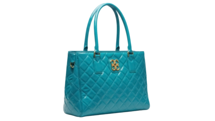 Isolated quilted handbag, shiny teal-blue color and golden logo clasp detail accessory studio shot